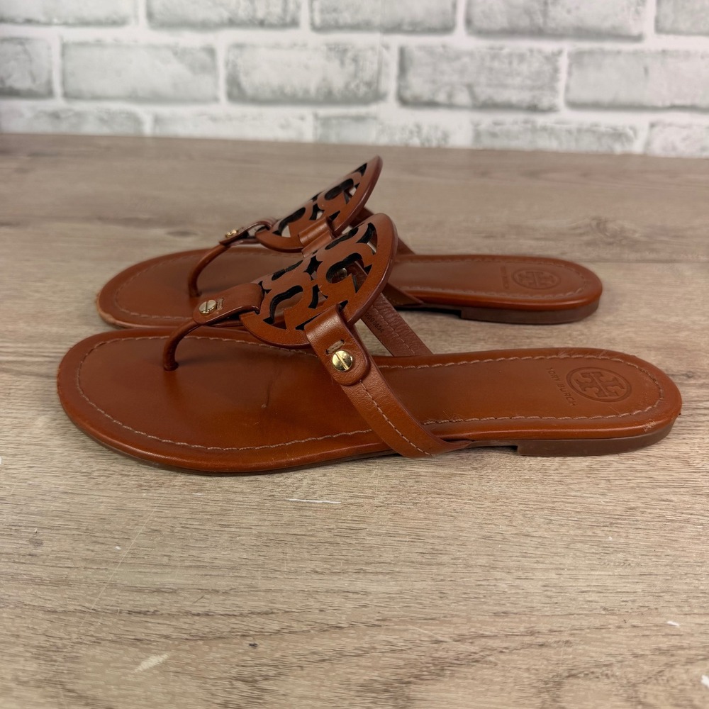 Tory Burch Miller Leather Logo Thong Sandals Tan Womens 9.5 - Picture 2 of 7